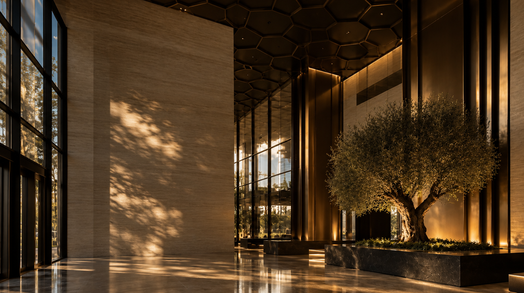 Golden-lit corporate lobby with a bronze honeycomb ceiling and an olive tree