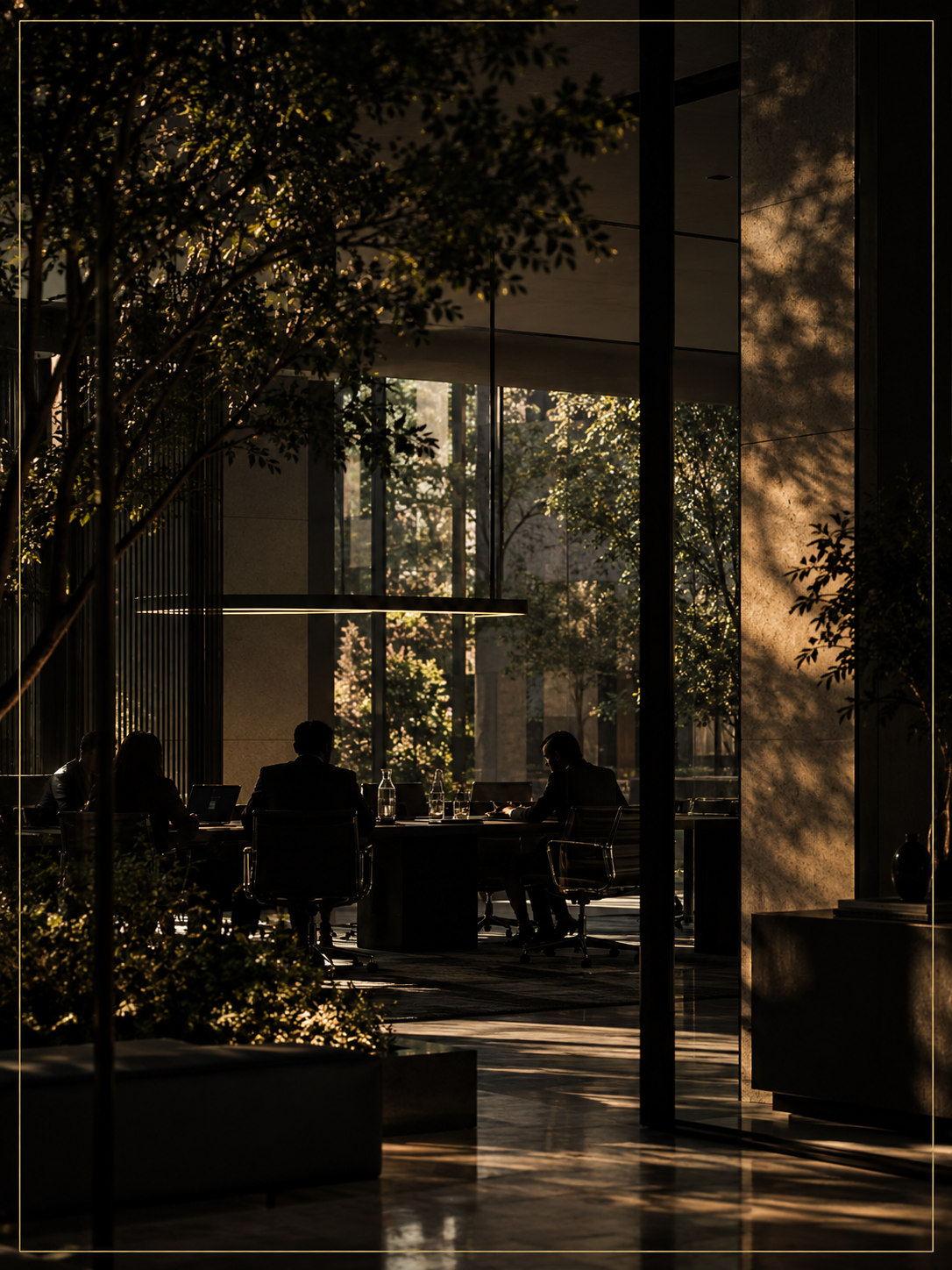 Executives working in a dark glass atrium lit by low golden light